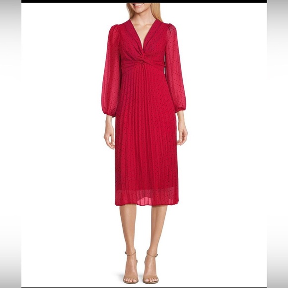 GABBY SKYE polka dot long sleeve pleated chiffon midi dress/size 10 - Picture 1 of 3